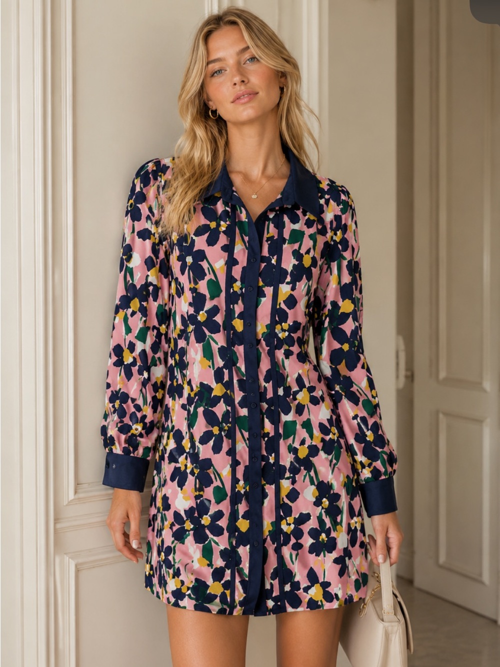 Trina Turk Pink Floral Long Sleeve Shirt Mini shirt Dress 8171